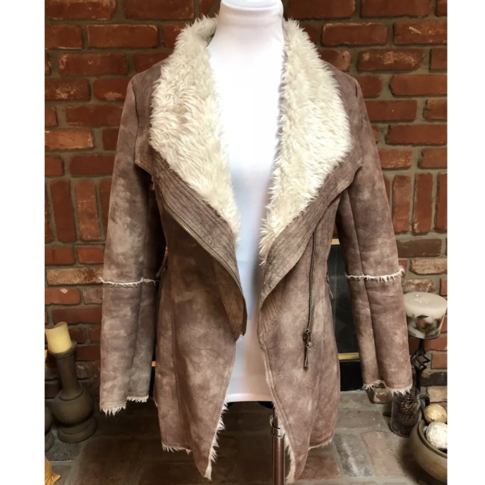 Anthropologie • Lost April Sherpa Fur Suede Aviator Jacket Shearling Sheepskin